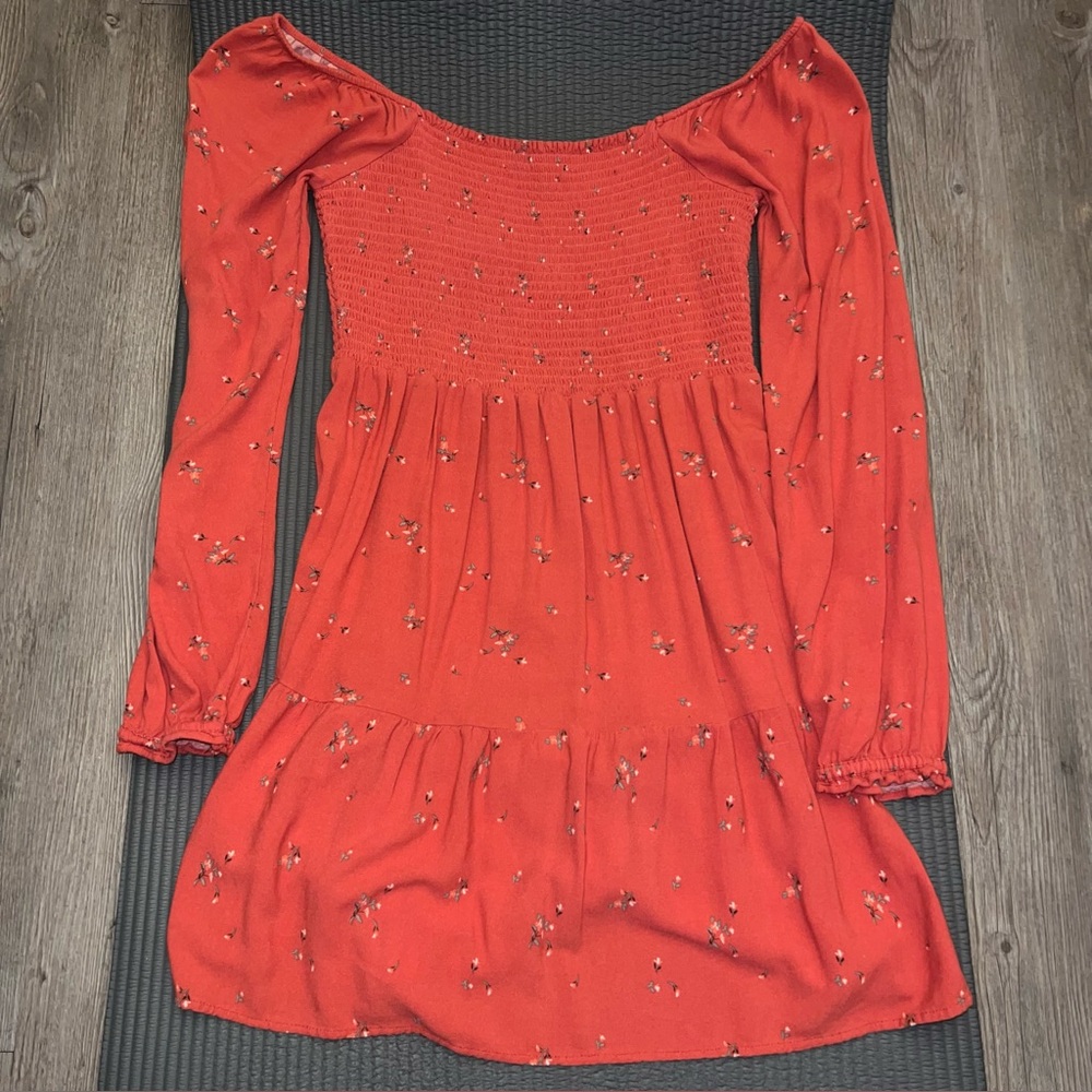 American Eagle Outfitters Orange Red Smocked Off the Shoulder Sundress